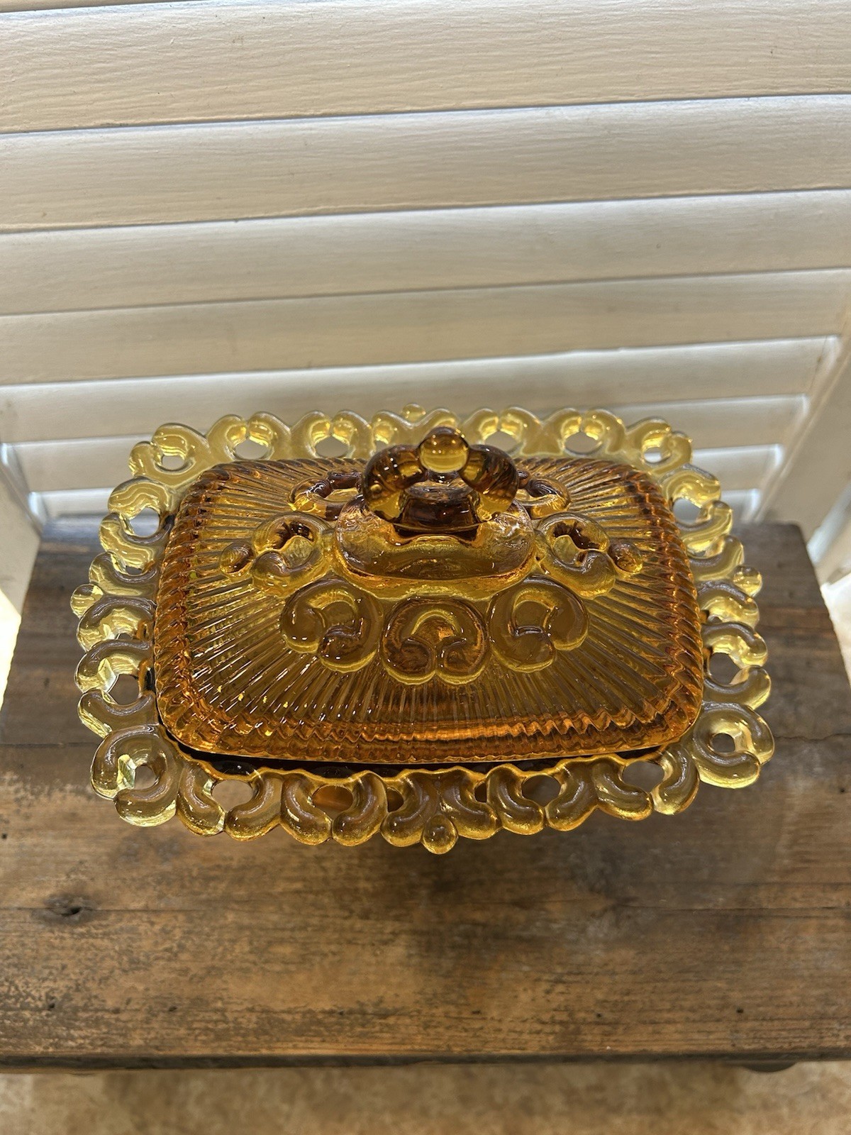 Indiana Glass Company “Lace Edge” Amber candy dish