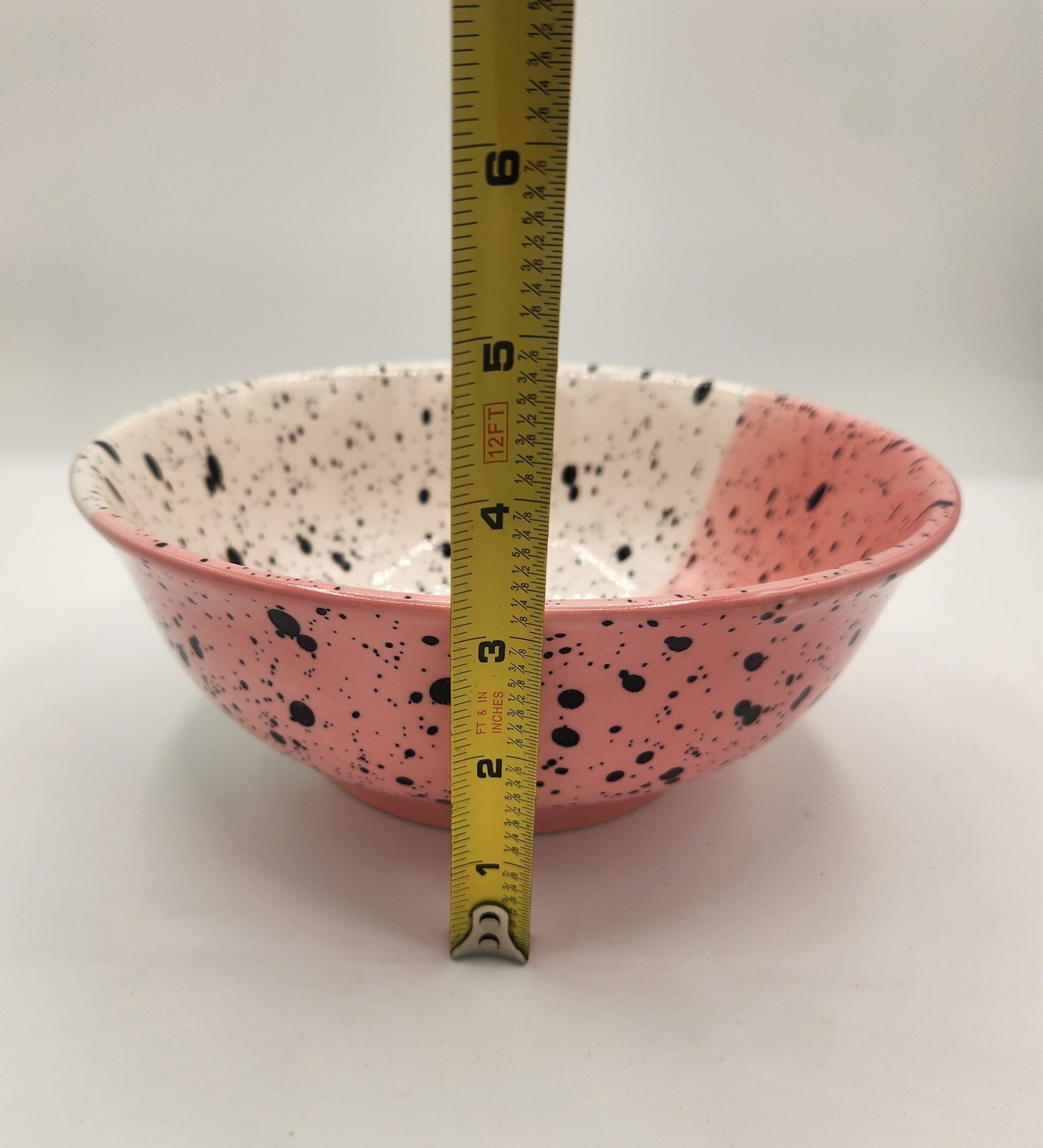 VTG Pottery Bowl Light Pink Off White Black Splatter Trinkets Noodle Fruit 8in