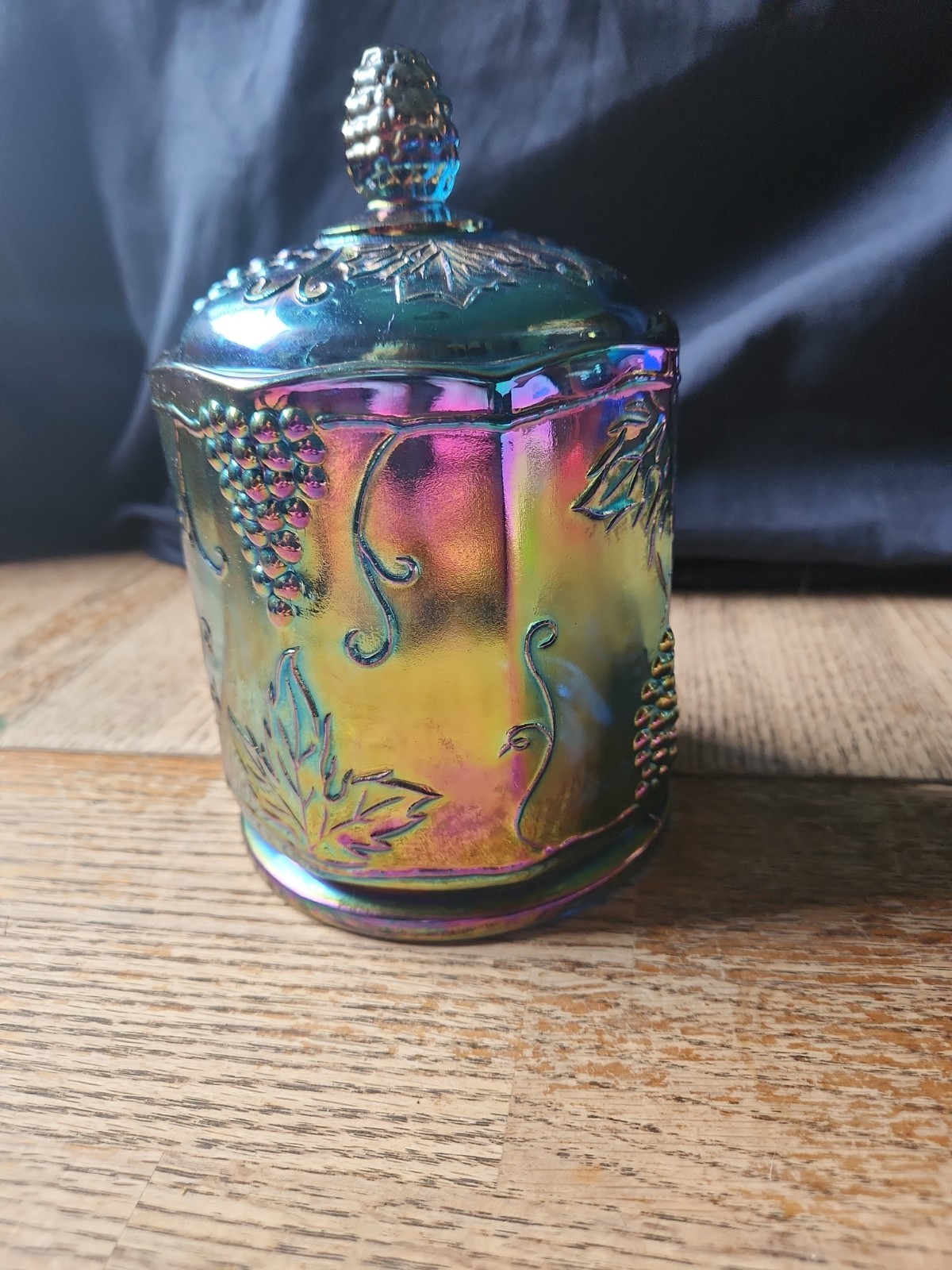 Indiana Blue Grape Harvest Carnival Glass Candy Dish Canister Iridescent W/lid