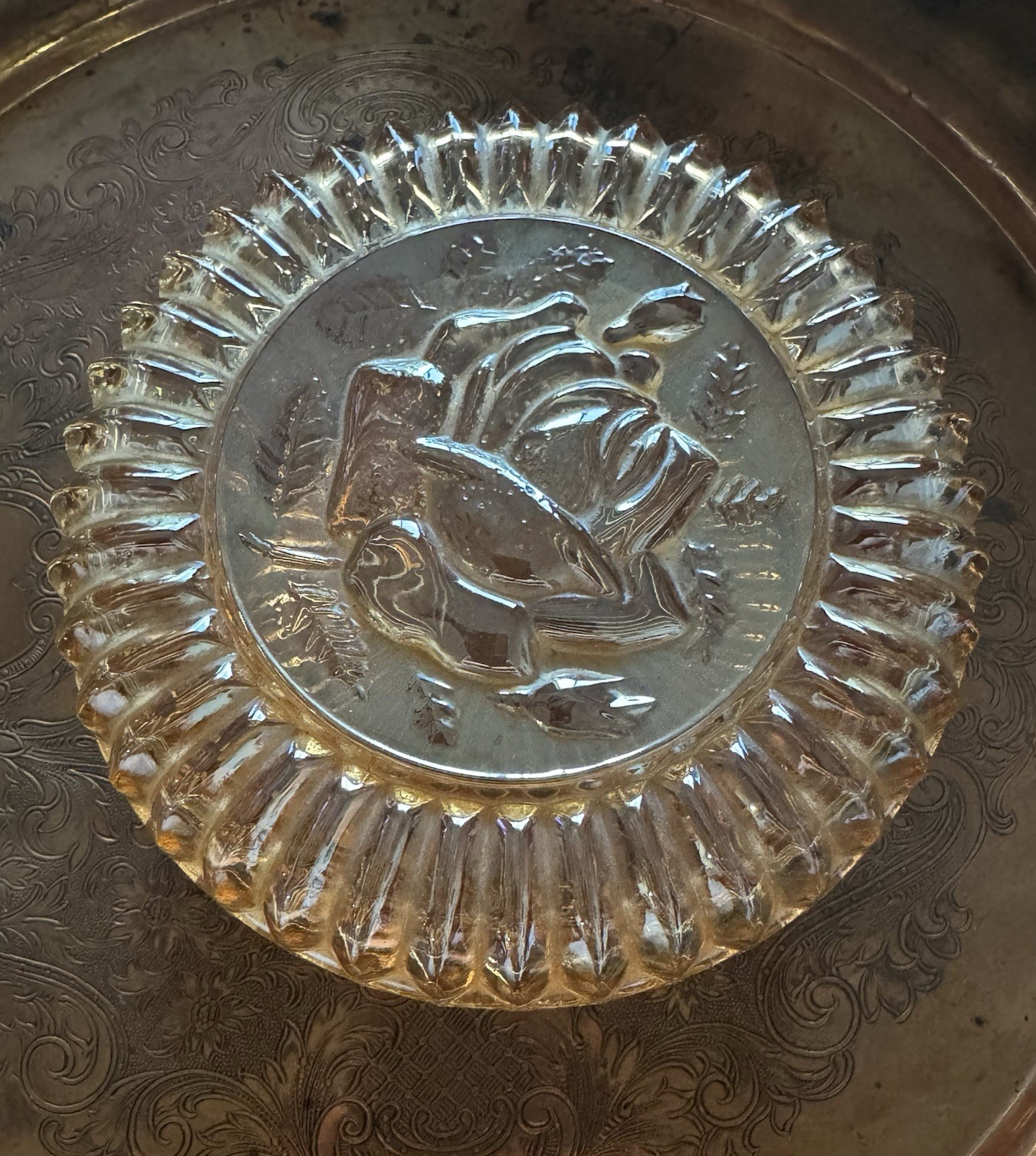 Jeannette Marigold Rose Vintage Carnival Glass Powder Trinket Dish with Lid 5.5″