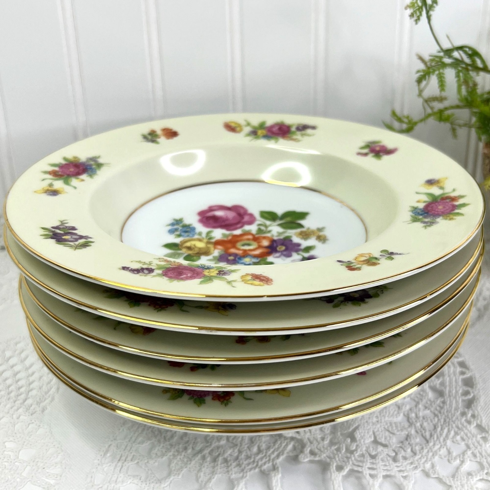 Vintage Rose China Rim Soup Bowls Set Of 6 Occupied Japan 8″ Elegant Dining