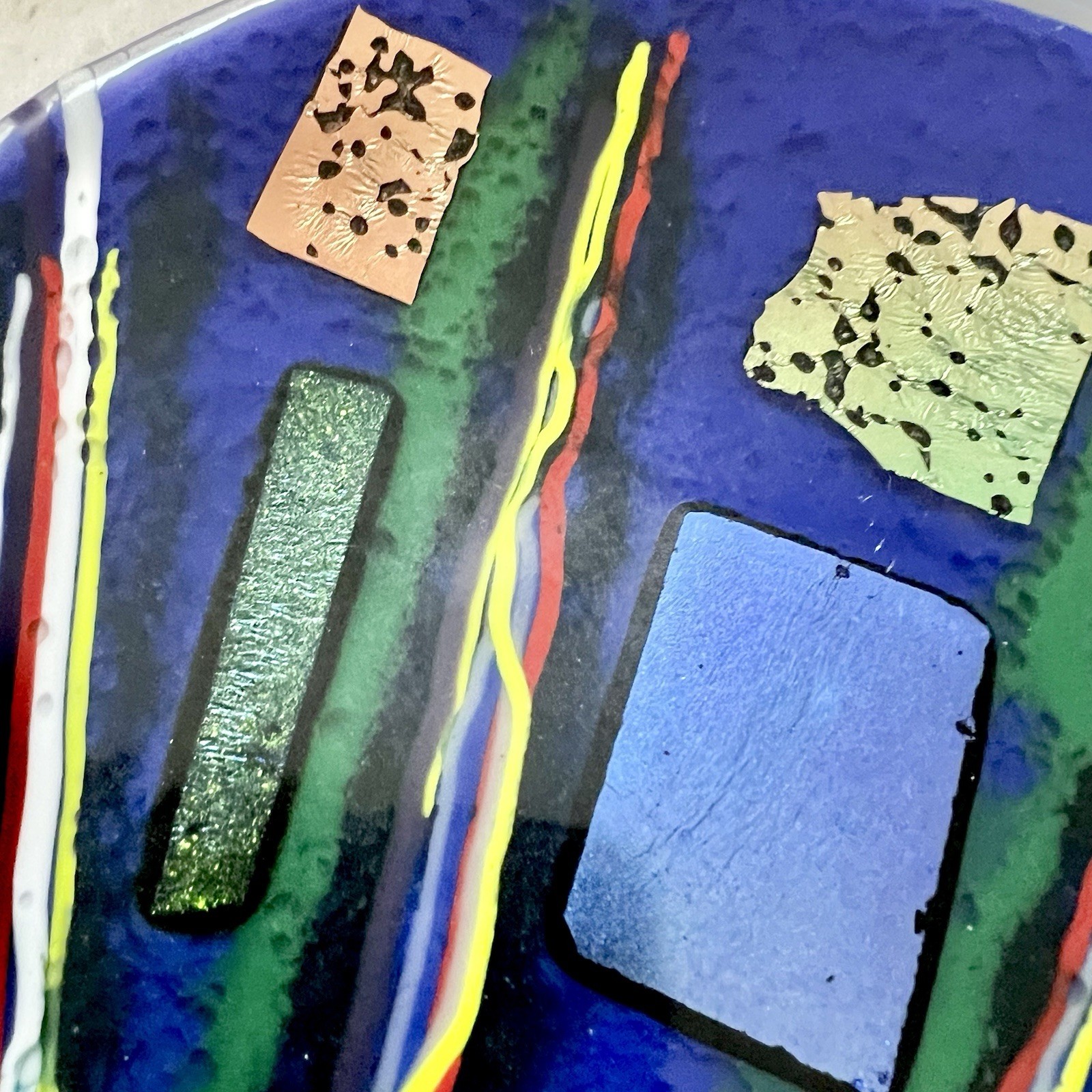 Abstract Fused Dichroic Art Glass Plate Blue Multicolor Modern Decor 8”