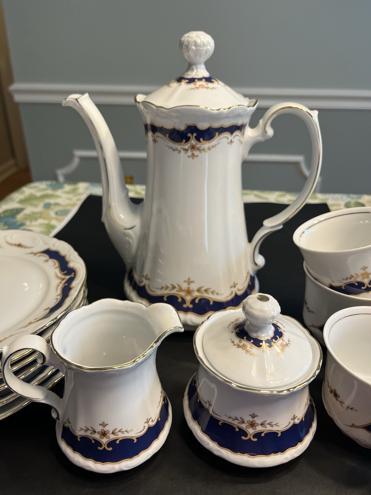21pc Mitterteich Bavaria Cobalt Blue Gold Trim Coffee Tea Pot Desert Serving Set