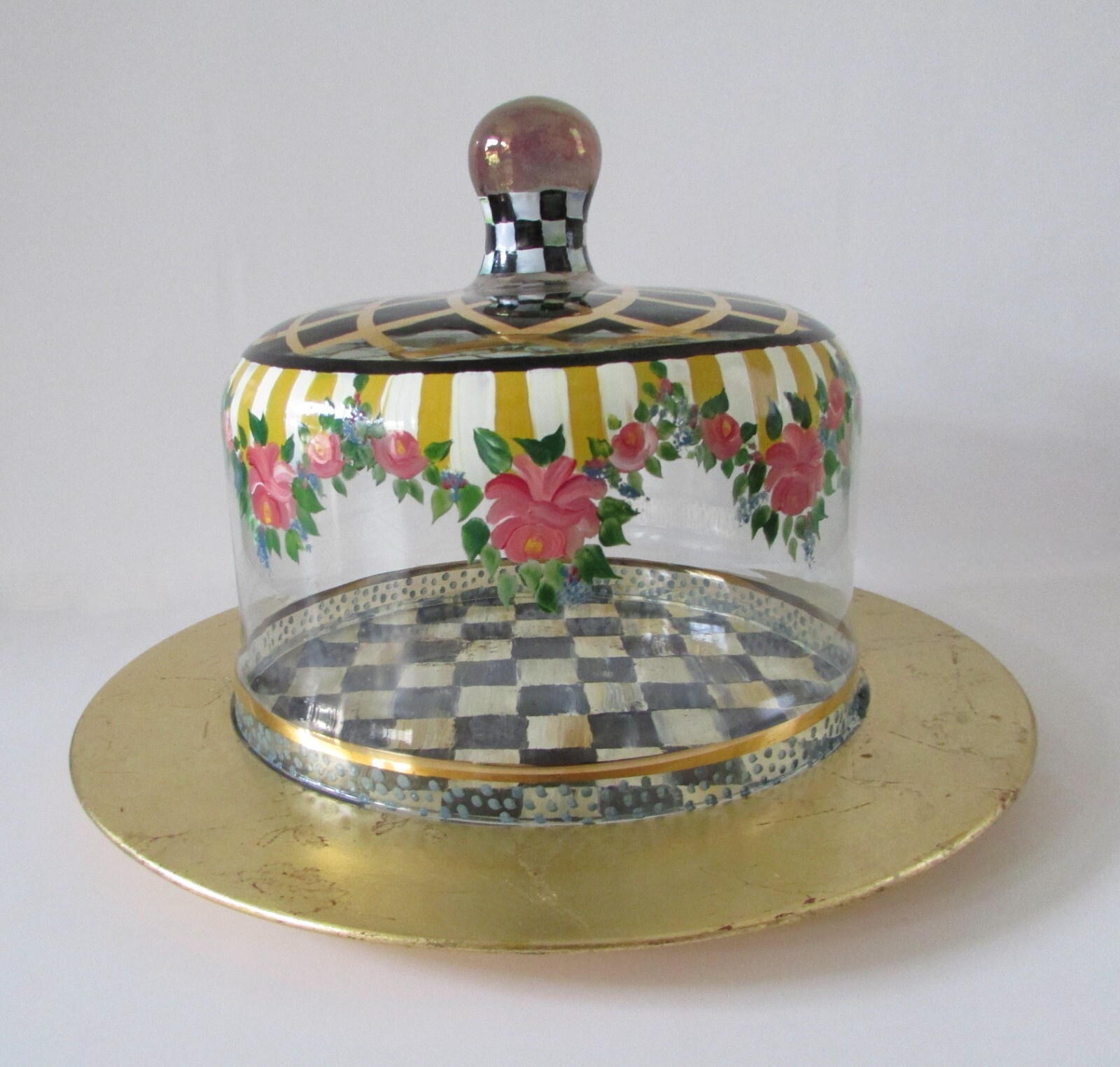 VTG Mackenzie Childs Courtly Check Circus Glass Cake Dome & Underplate