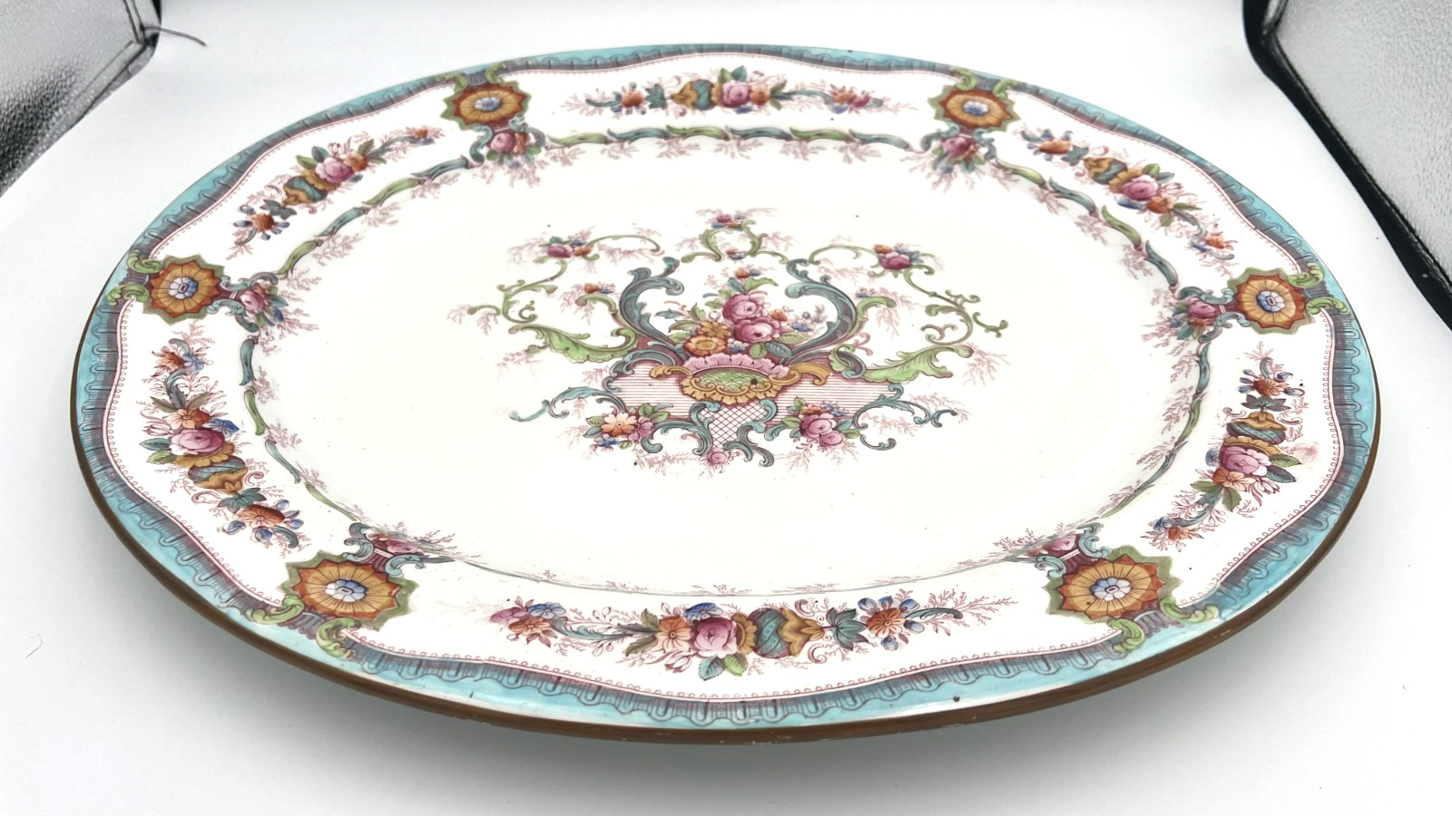 Antique Cauldon England Blue White Transferware Platter 17″ Gilt Rim