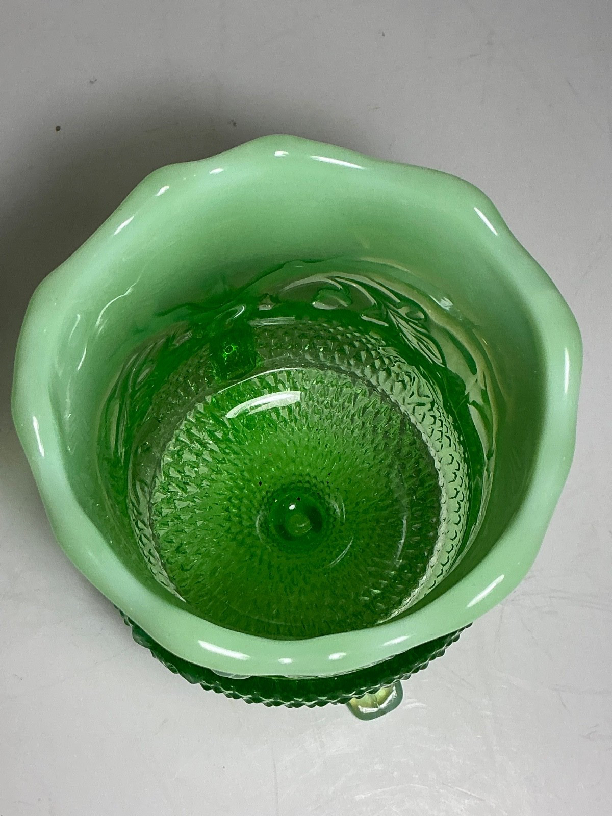 Vintage Mosser Glass Green Glass Acorn & Oak Pattern Spooner 5 in.