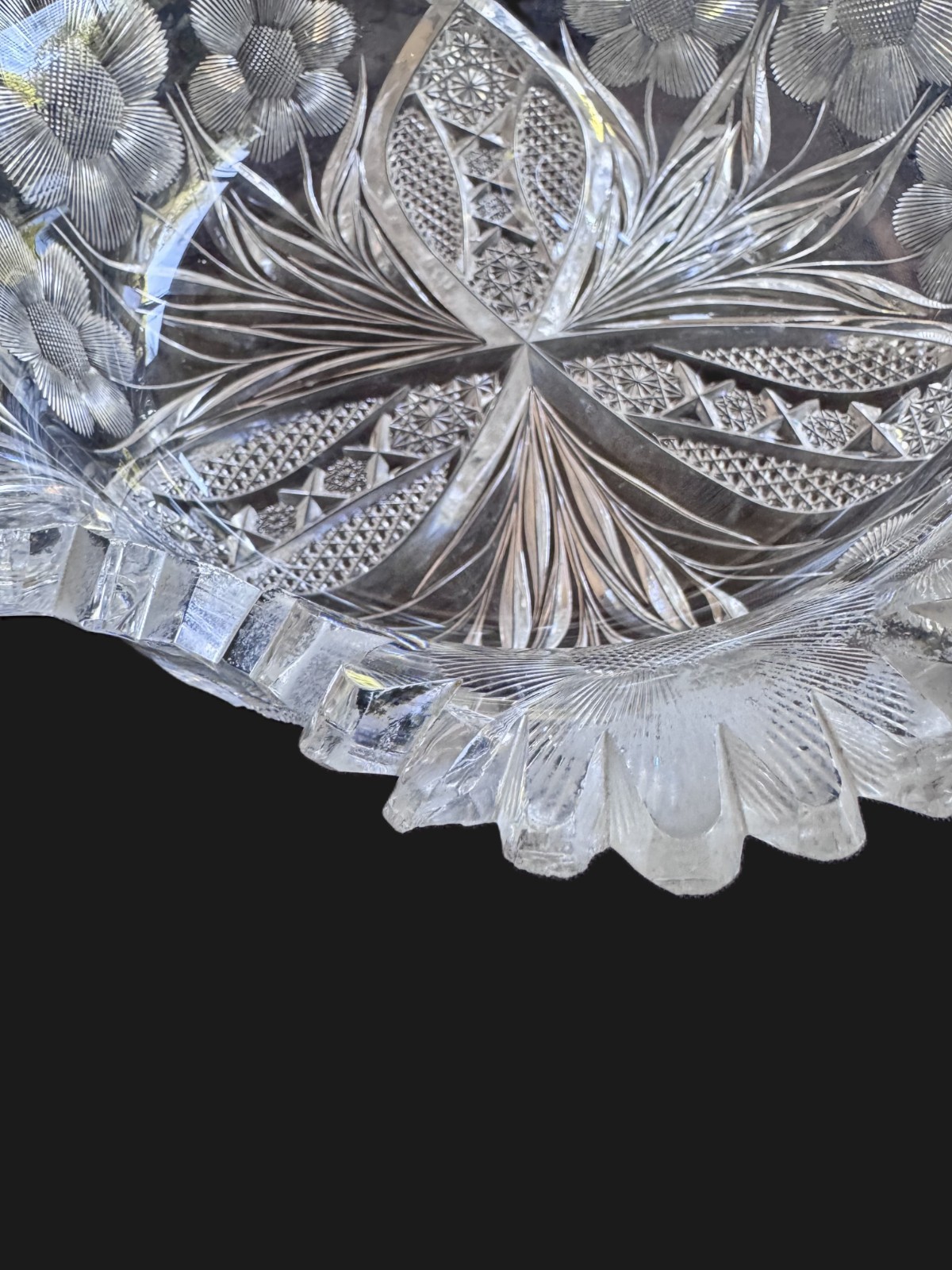 American Brilliant Period ABP Cut Glass Bowl Floral Intaglio Sawtooth 10″