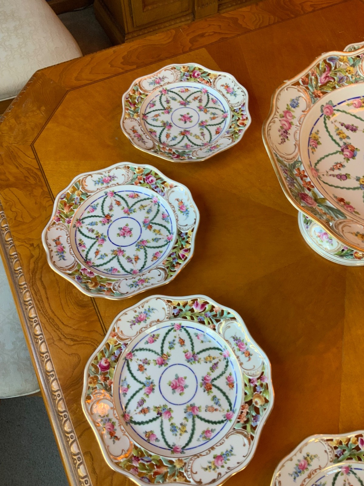 Antique Carl Thieme Dresden Basketweave Dessert Service – 8 Plates & Compote