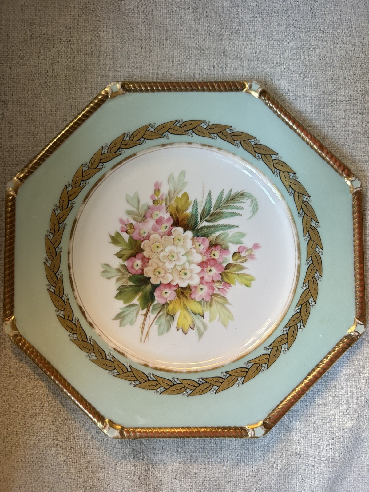 Pair Antique Royal Worcester Botanical hand painted octagonal Plates Floral Gilt