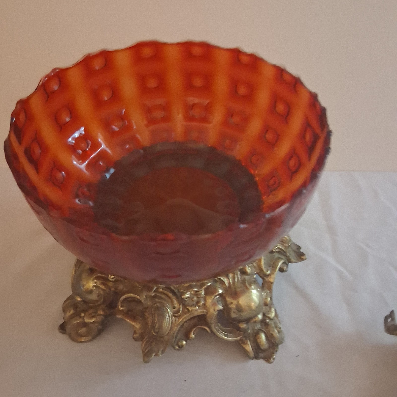 Antique Pitman Dreitzer Amber Glass Punch Bowl With Brass Stand 8″