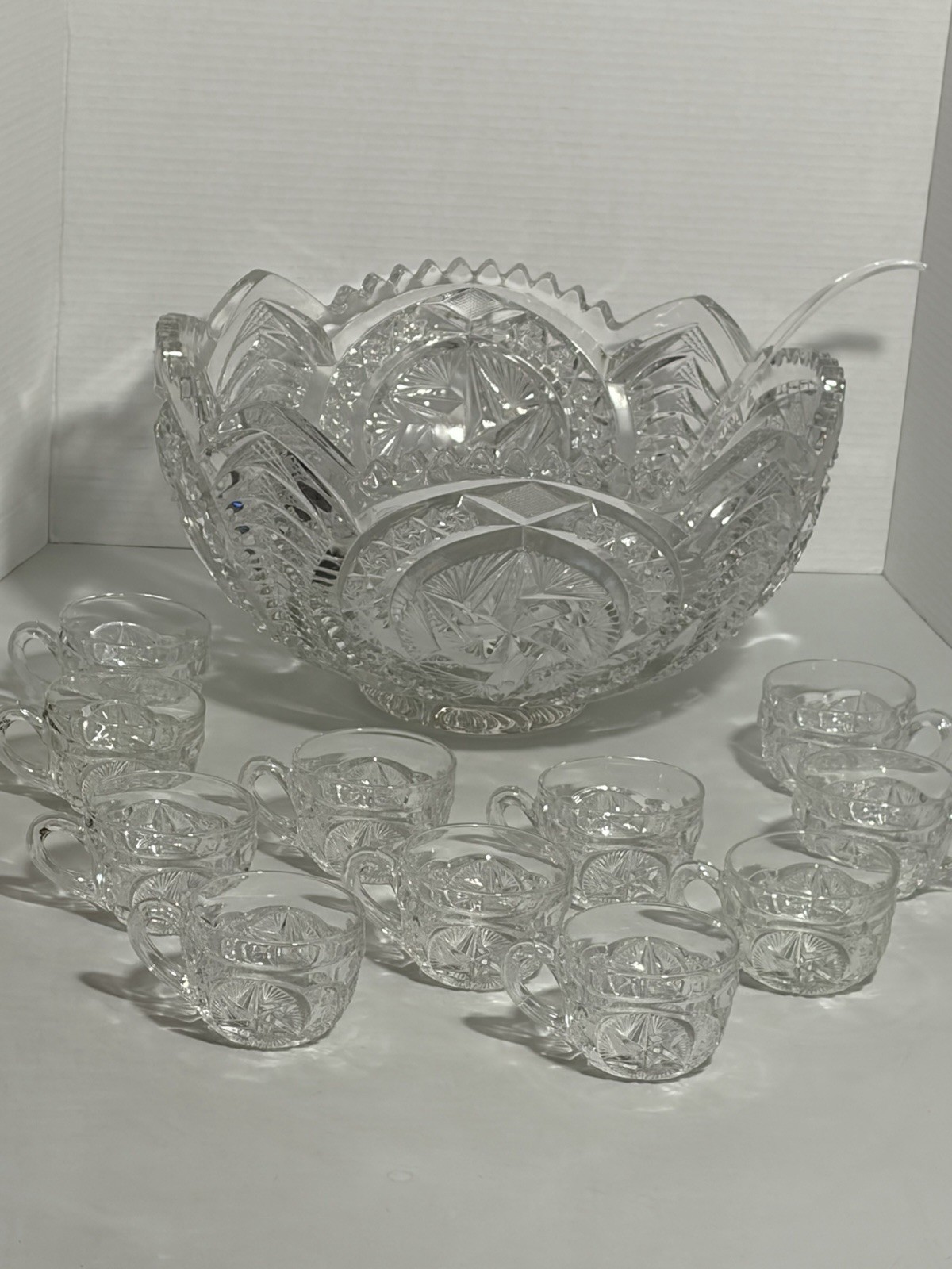 Vtg Rare Pattern Glass Pres Cut Punch Bowl Set LE Smith Stars Feather Horseshoe?