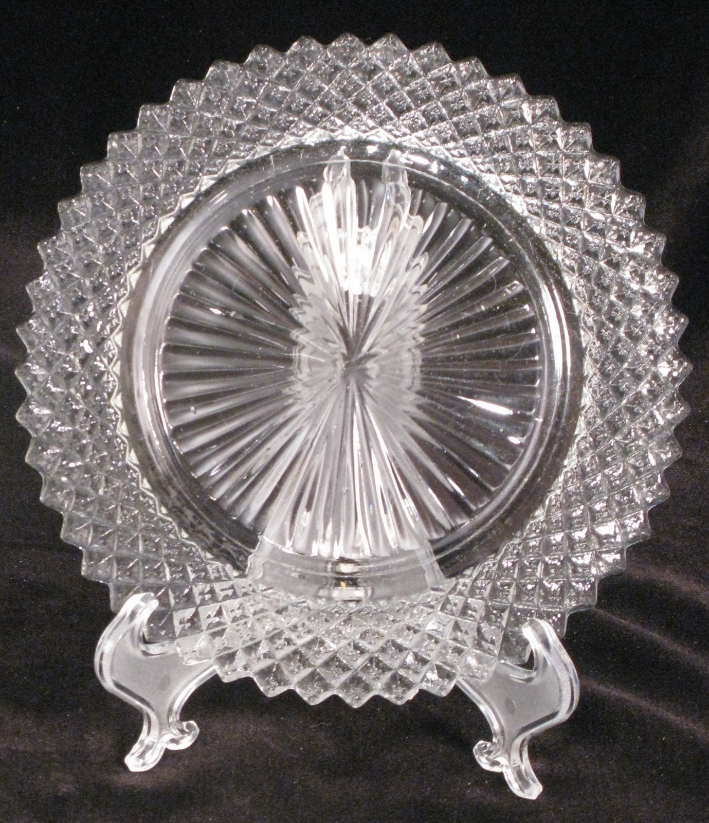 Set of 6 Vintage Clear Pressed Glass Luncheon Dessert Plates Diamond Cut Pattern