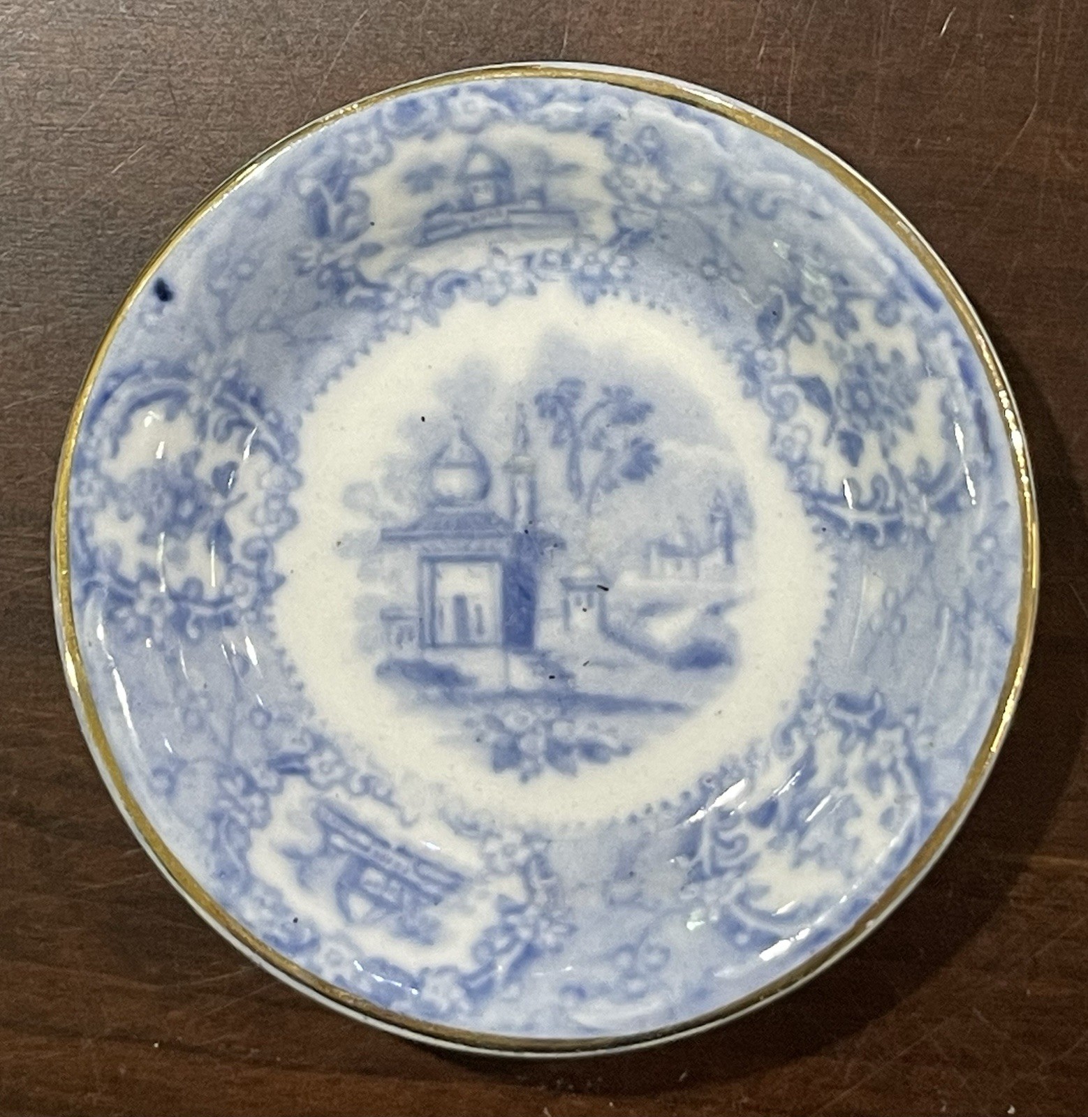 Antique Flow Blue Transferware Butter Pat – Gold Trim Trim