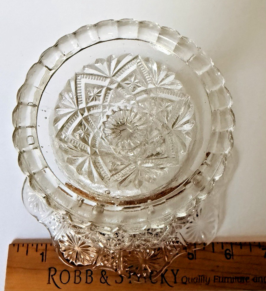 EAPG Clear Pressed Glass Covered Compote Diamond Fan Pineapple Finial UV365 Glow