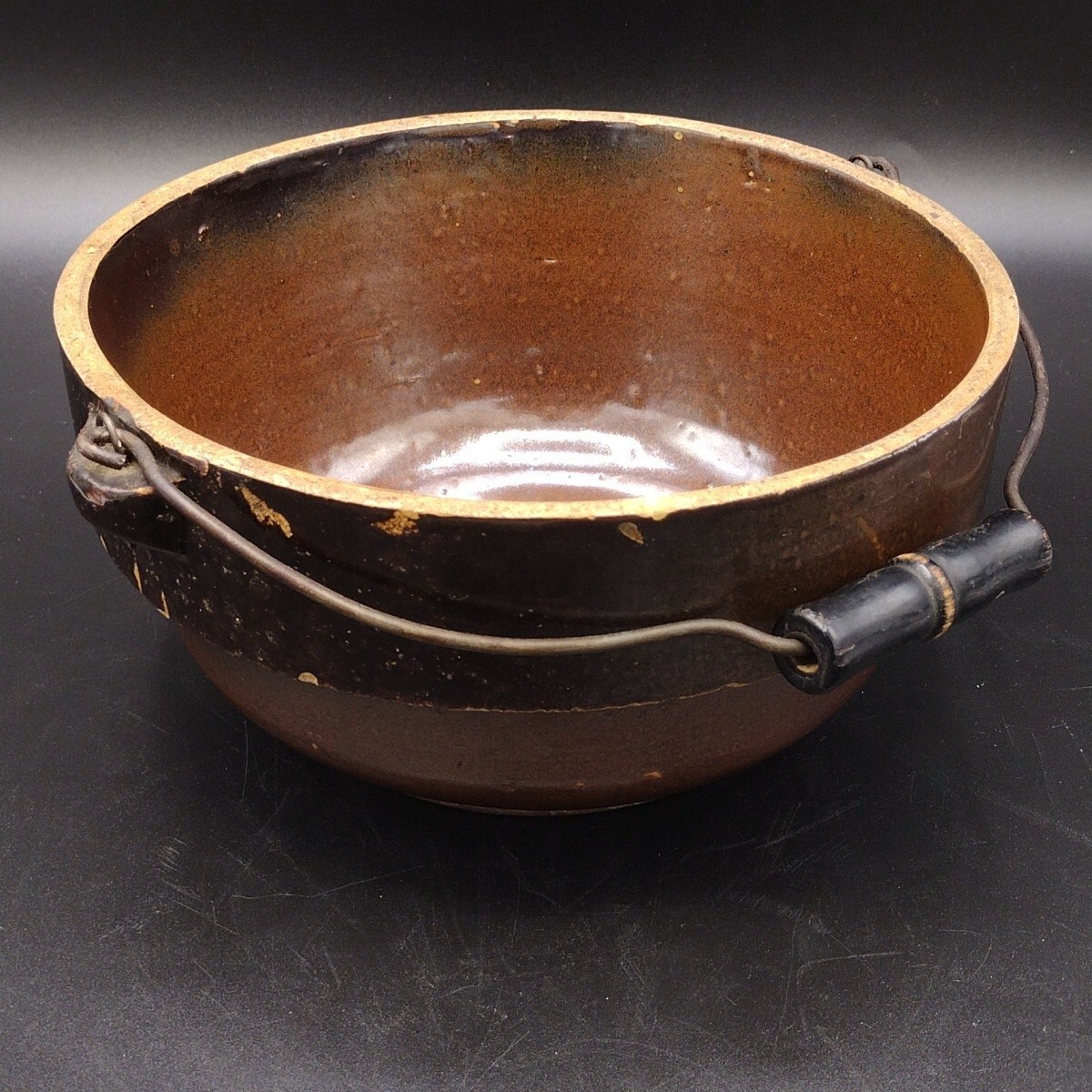 Antique Stoneware Salt Glaze8¾” Crock Mixing Bowl Wire Handle Metal Bottom Brown