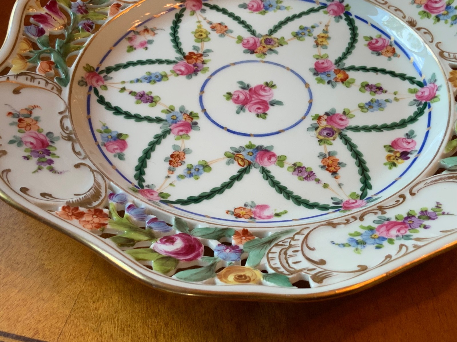 Antique Carl Thieme Dresden Basketweave Dessert Service – 8 Plates & Compote