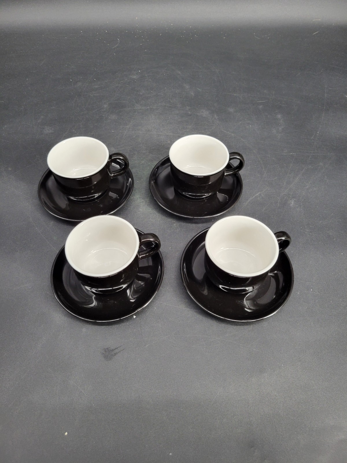 4 Black Glazed 2 1/8″ Teacup/Coffee Cup w/ Four 5″ Saucer Sets 8-Pieces Total