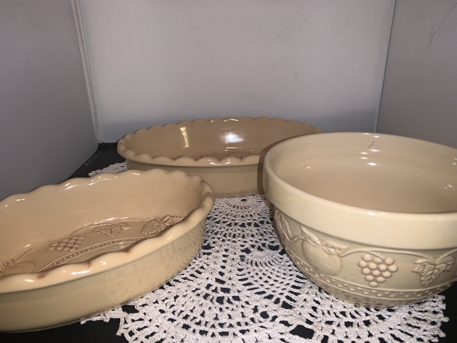 Vintage Leaf And Fruit Stoneware Casserole Bowls And Serving Bowl