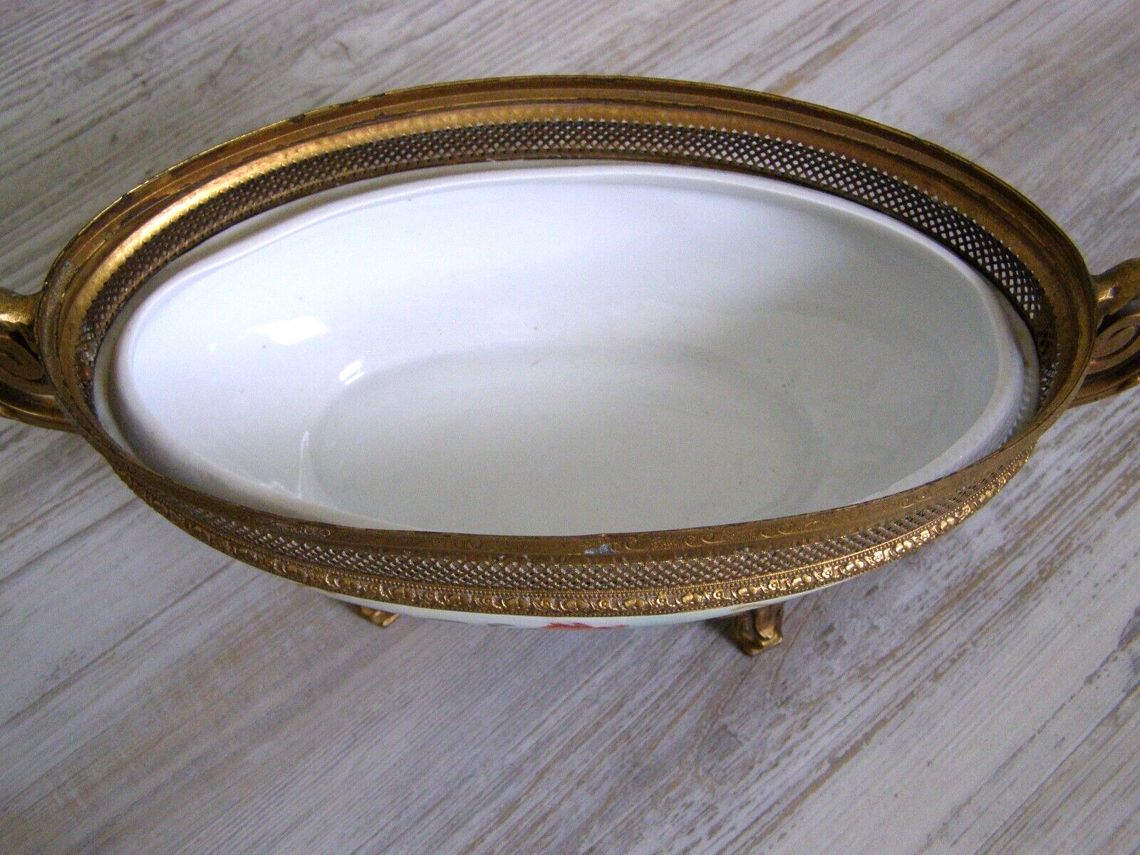 Antique Karlovy Vary Porcelain Serving Dish Gilt metal base bottom stamped #23