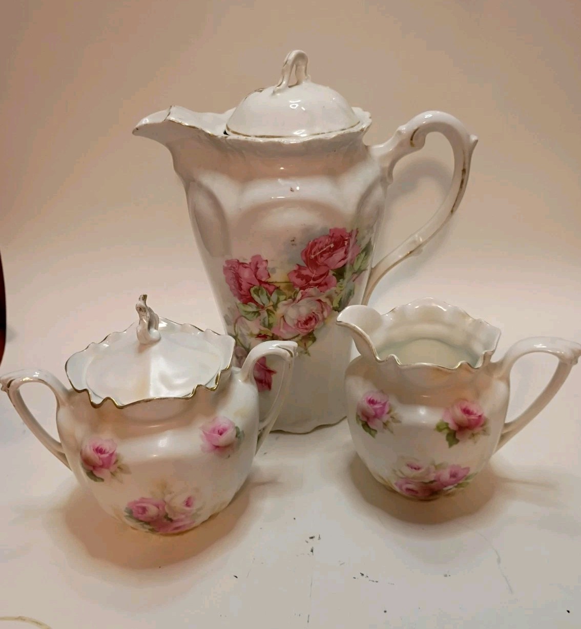 RS Prussia Porcelain Hot Chocolate Pot, Creamer & Sugar Bowl W/lid Roses Fluted