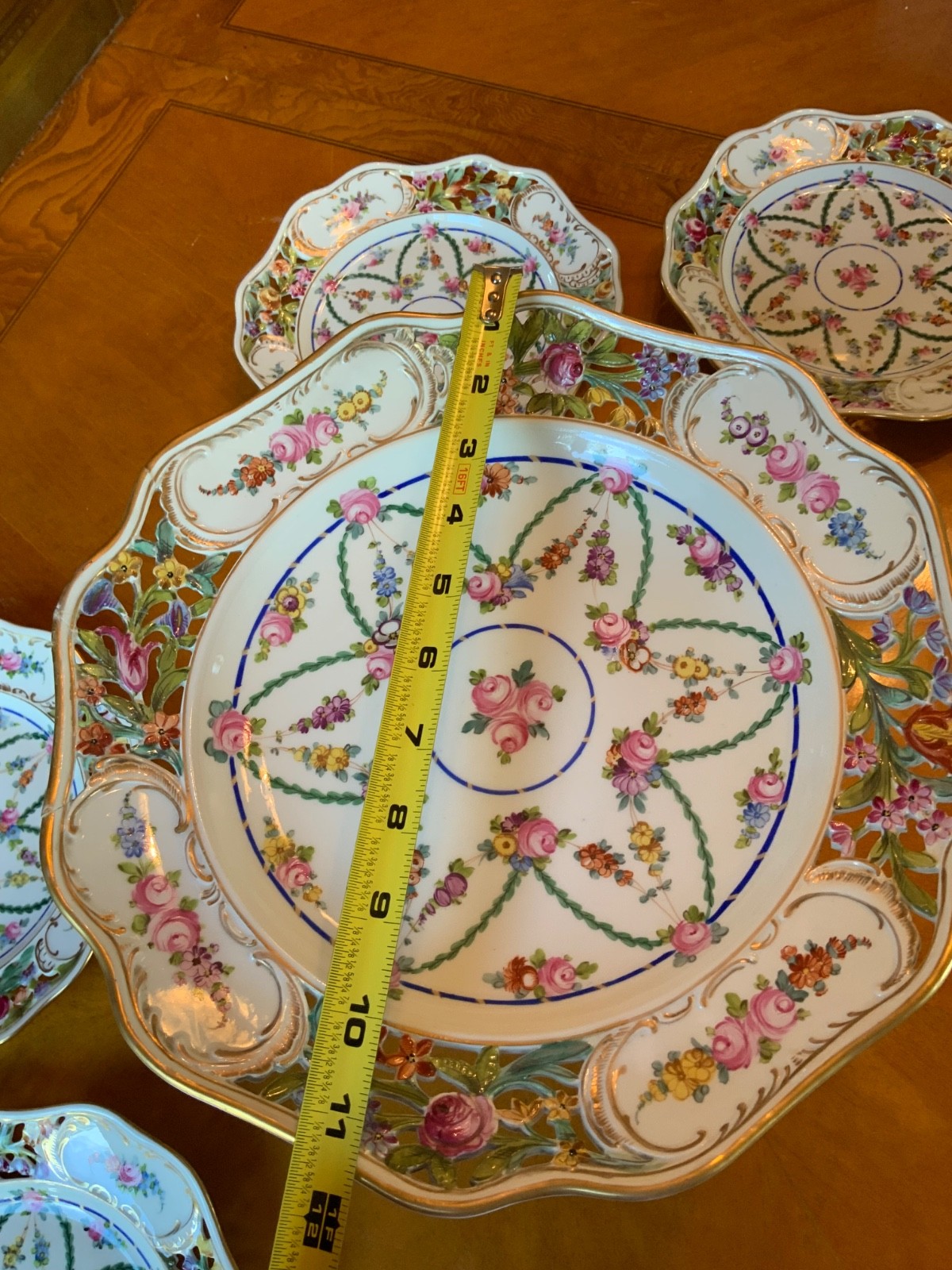 Antique Carl Thieme Dresden Basketweave Dessert Service – 8 Plates & Compote