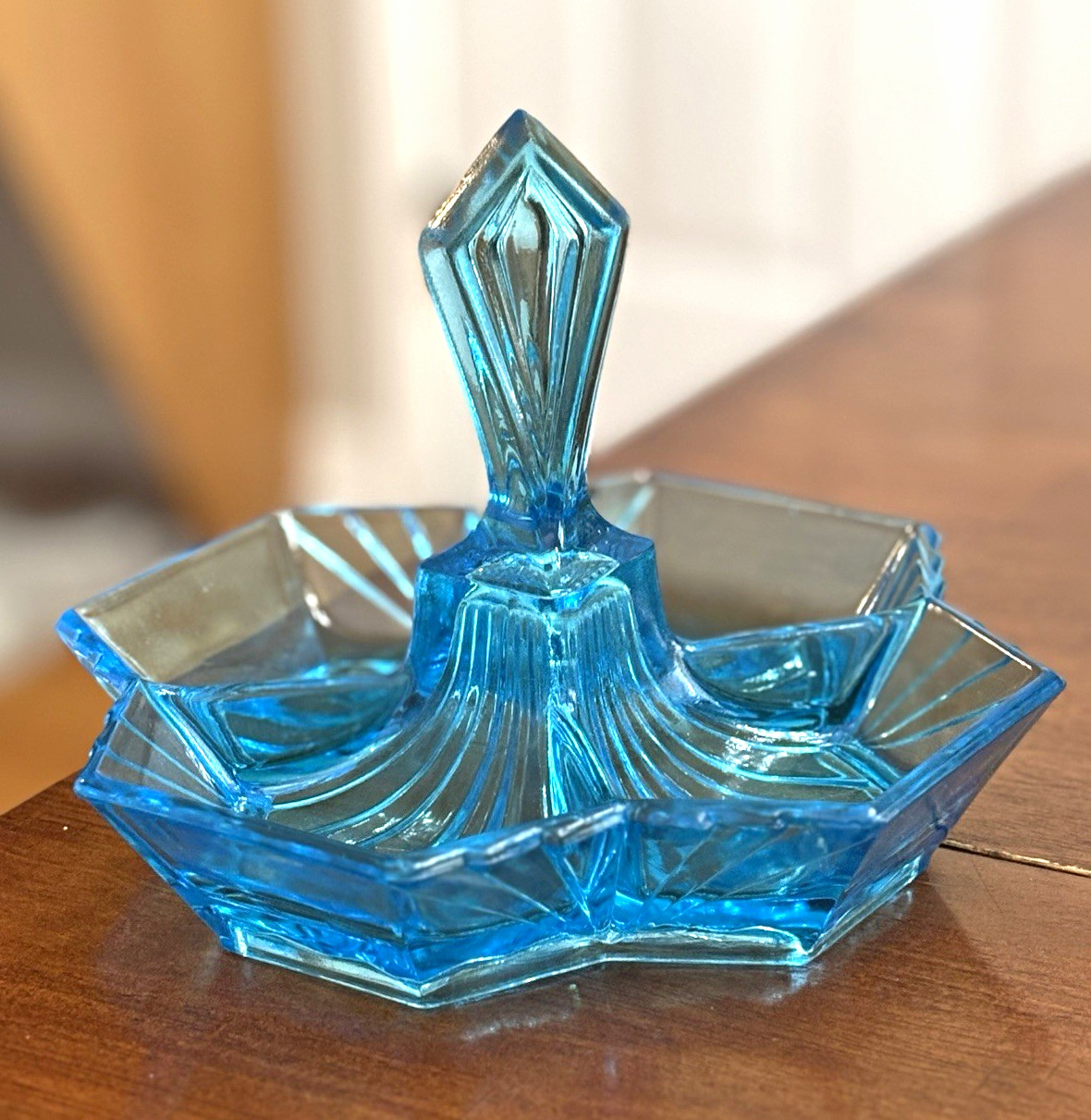Indiana Glass Blue Pressed Glass Octagon Relish Tray with Center Handle
