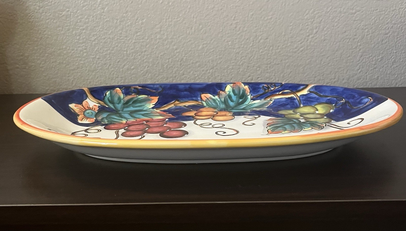 Oval Ceramic Tuscan Grapes Platter Serving Tray 14.5” Glossy Glaze