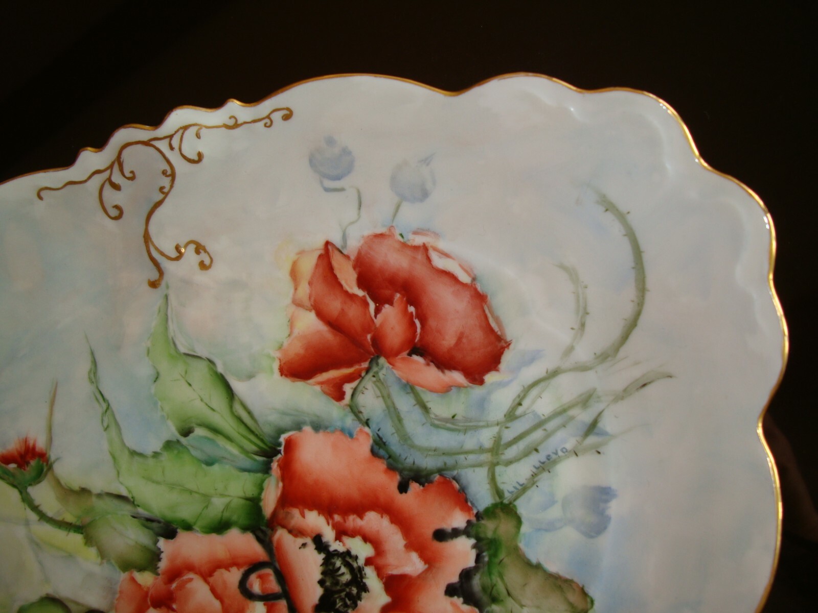 ANTIQUE AUSTRIA HAND PAINTED LARGE 15″ SERVING PLATE, PLATTER, POPPIES