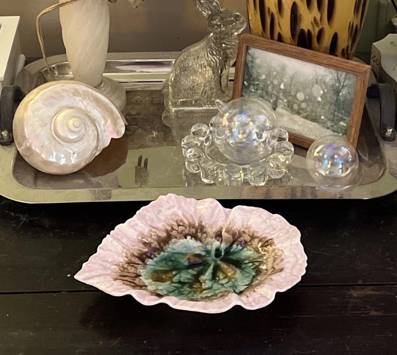 Antique 1880 Majolica Pottery Etruscan Begonia Leaf Dish Griffin Smith Hill Pink