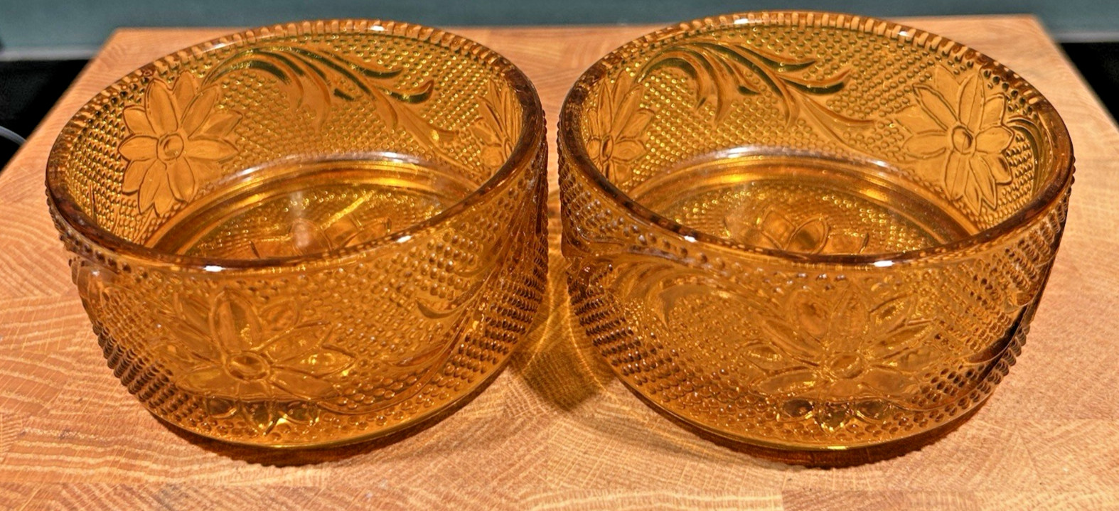 Vtg. Indiana Glass Tiara Amber Round Sandwich Ramekin/Dessert Set of 2- 3.75″