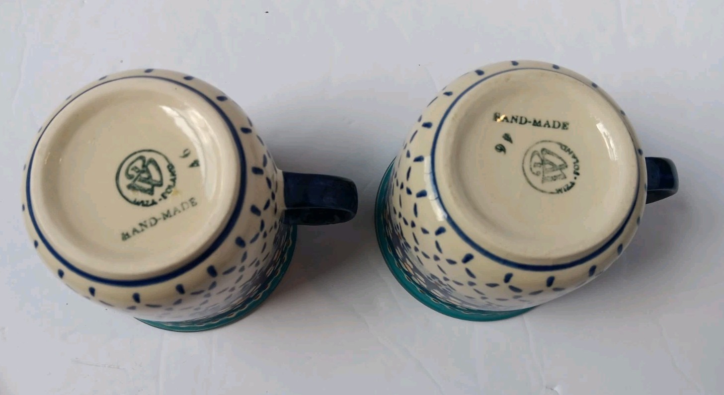 Polish Pottery Tea/Coffee Set, Tray, 2 Mugs/Cups, Creamer, Sugar Bowl W/ Lid