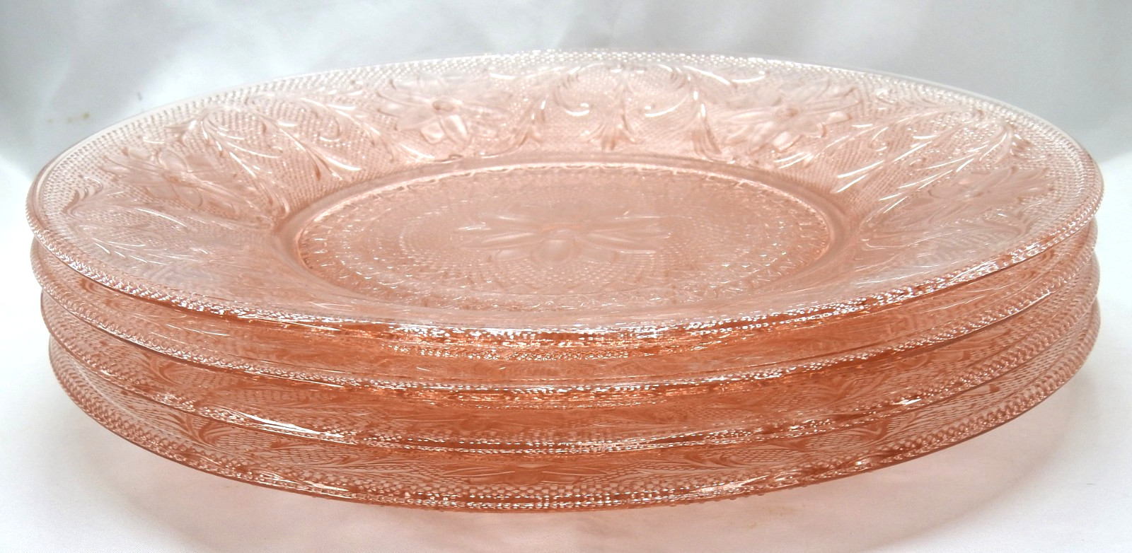 Set 4 Tiara PINK Sandwich Indiana Glass 10 3/8″ Round DINNER PLATES EUC