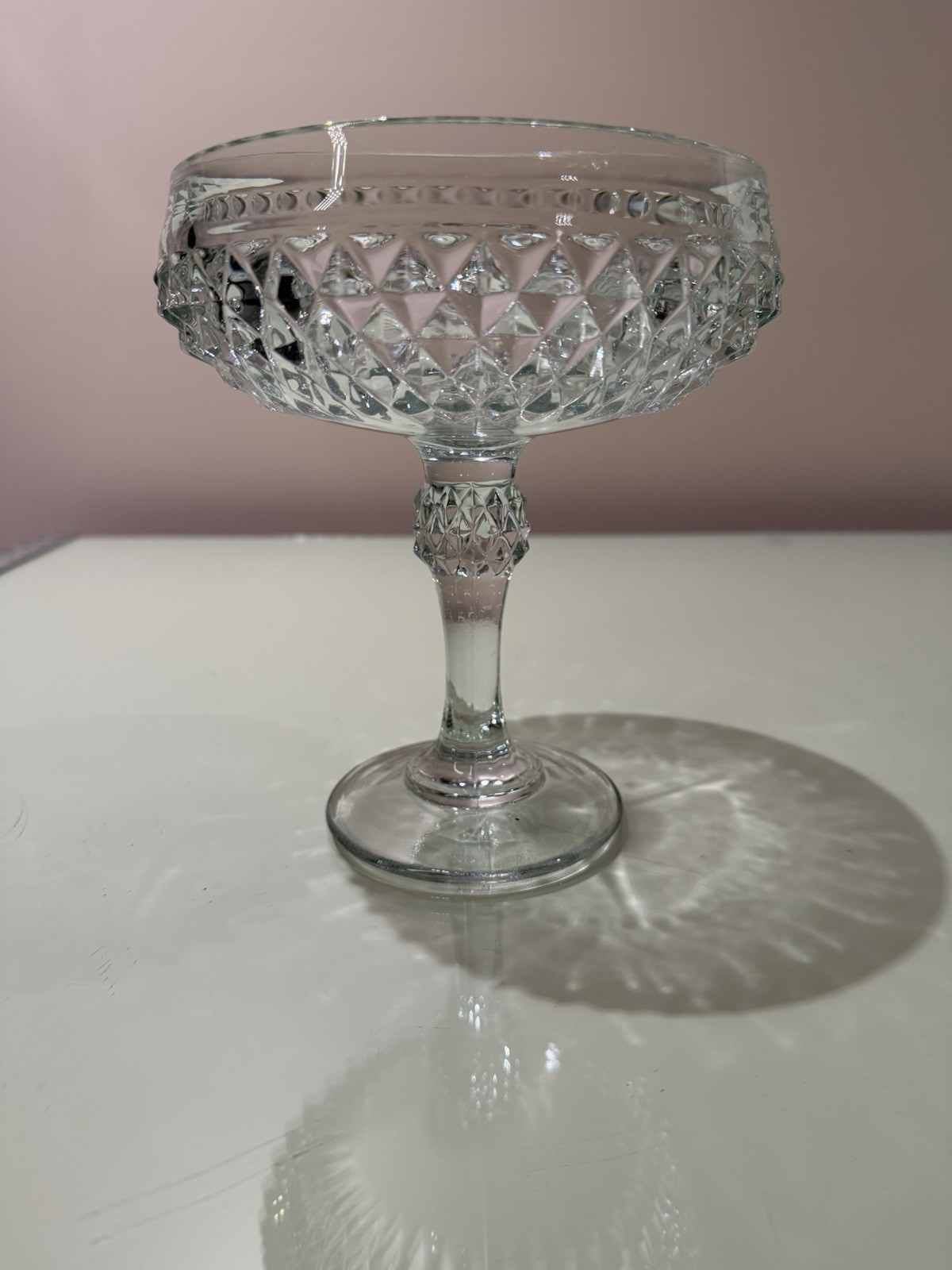 INDIANA GLASS Co. Pedestal Diamond Point Compote Candy Dish Bowl Barely Blue USA