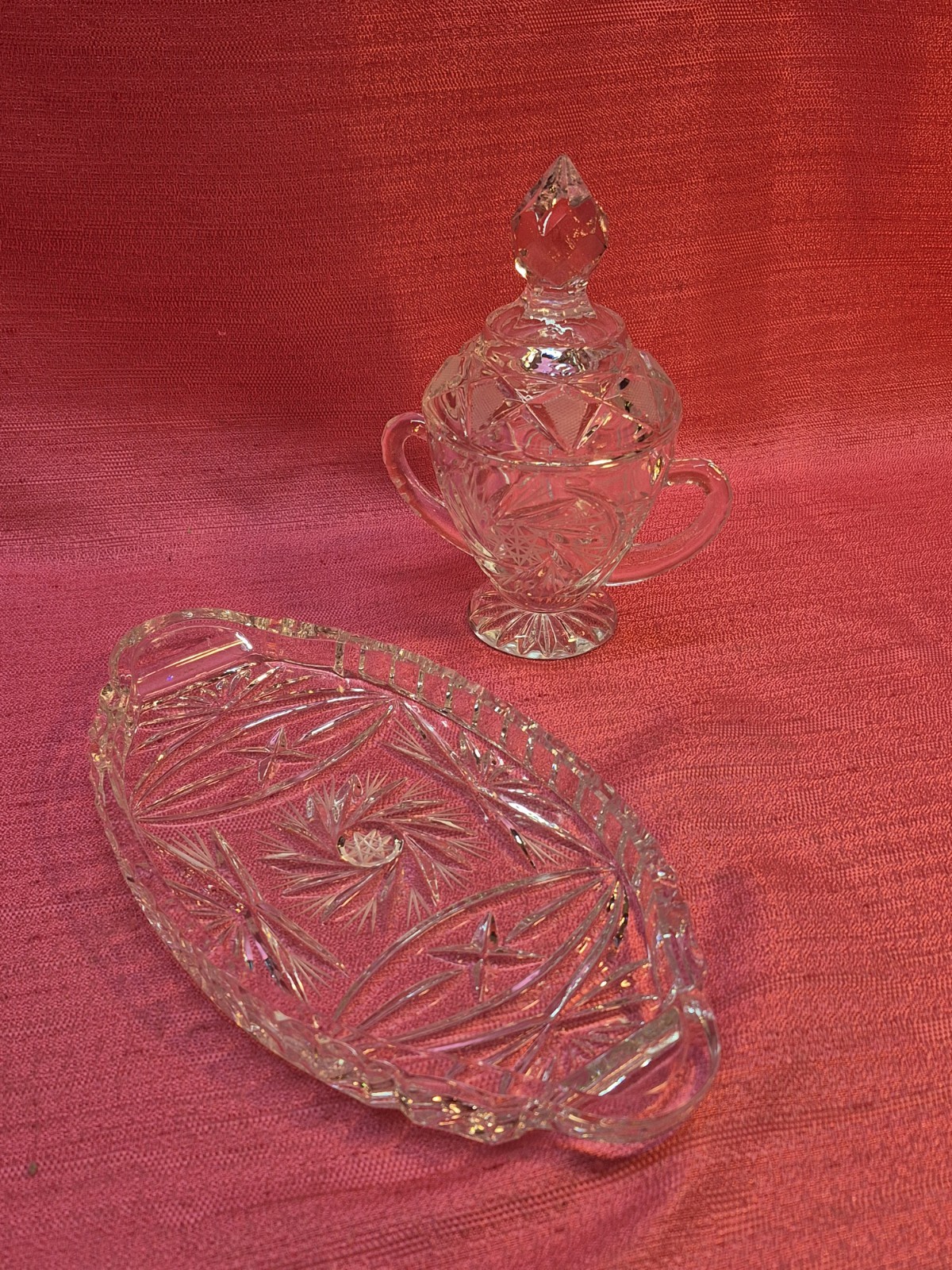 Vintage Cut Glass Covered Sugar Bowl & Relish Tray Serving Dish Crystal Lot