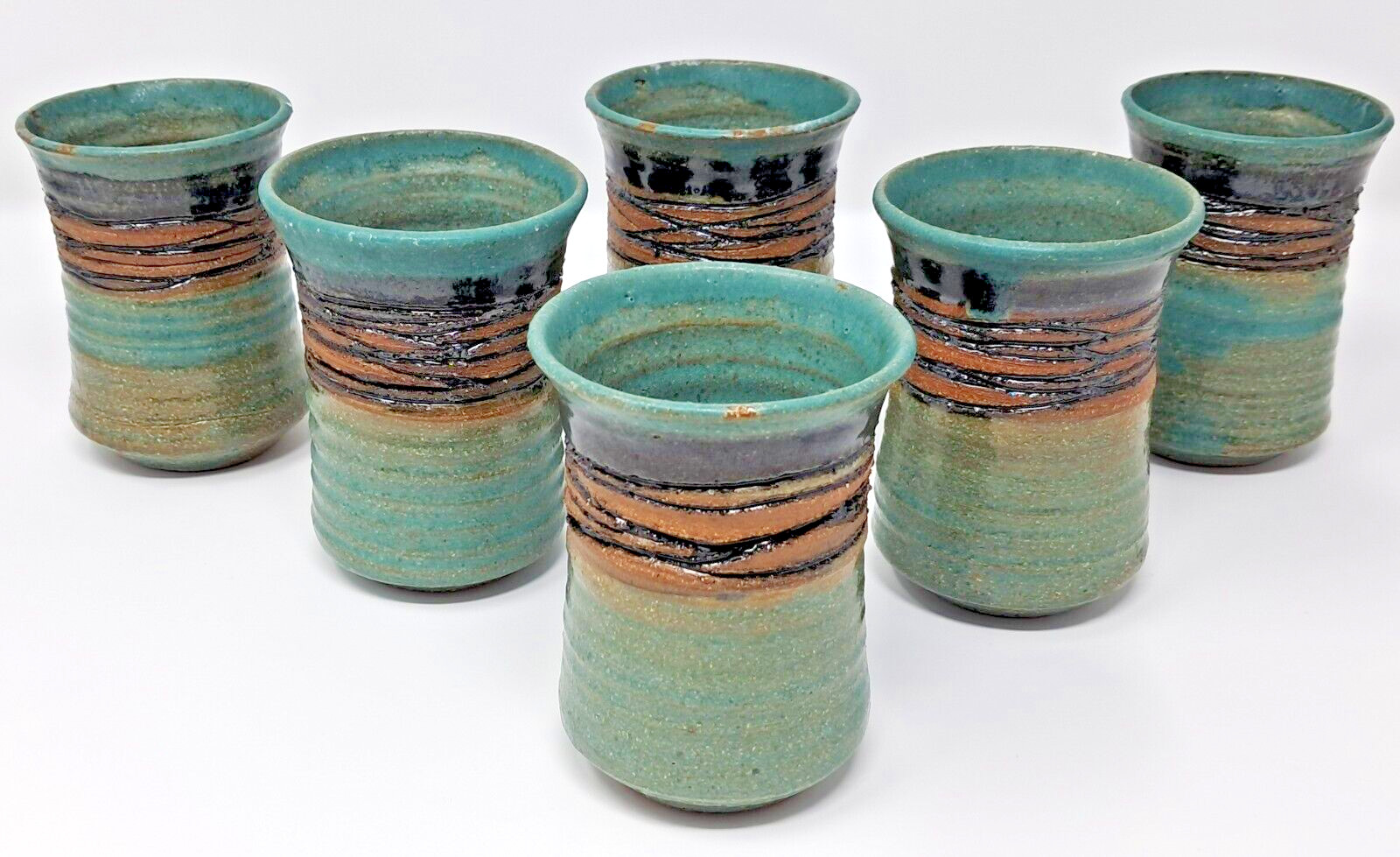 Stoneware Art Pottery Cups 8-9 fl oz Set of 6 turquoise glaze 4″ tall unique