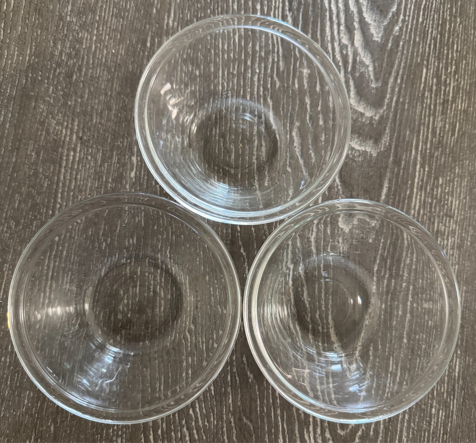 THREE clear Flared-Rim Custard-Cups glass 2″ h x 4 1/2″ dia.
