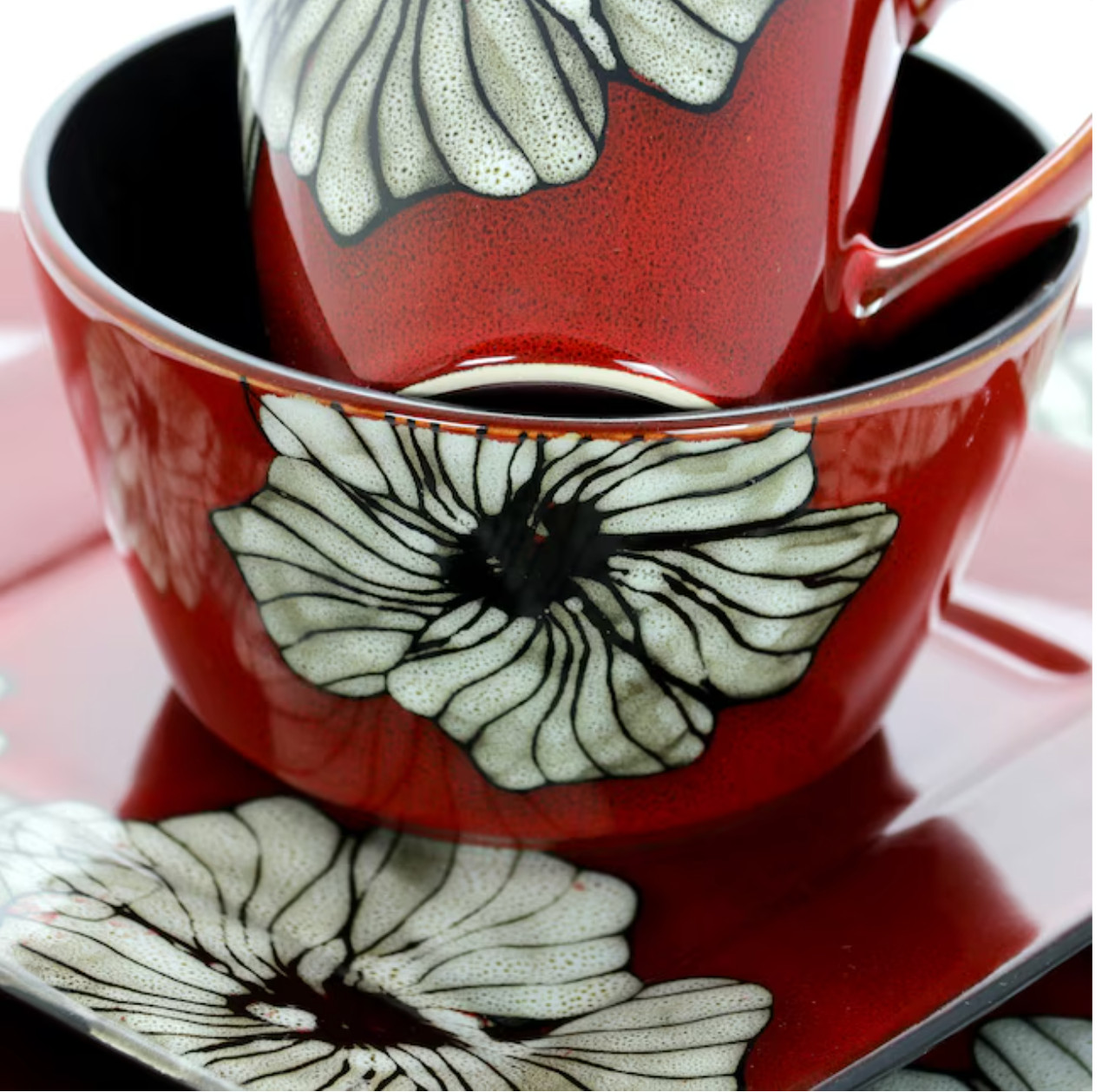 ELAMA WINTER BLOOM RED SQUARE DINNERWARE STONEWARE 16 PCS SET FOR 4 NEW NIB