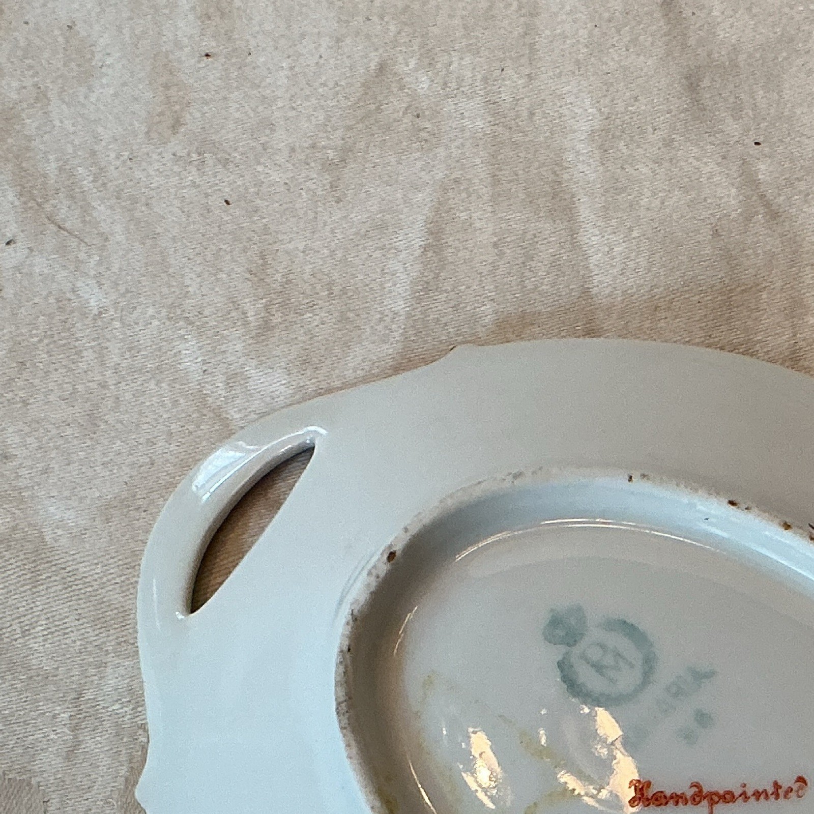 Hand Painted Floral Porcelain Handled Dish, White Pink Green Gold Trim