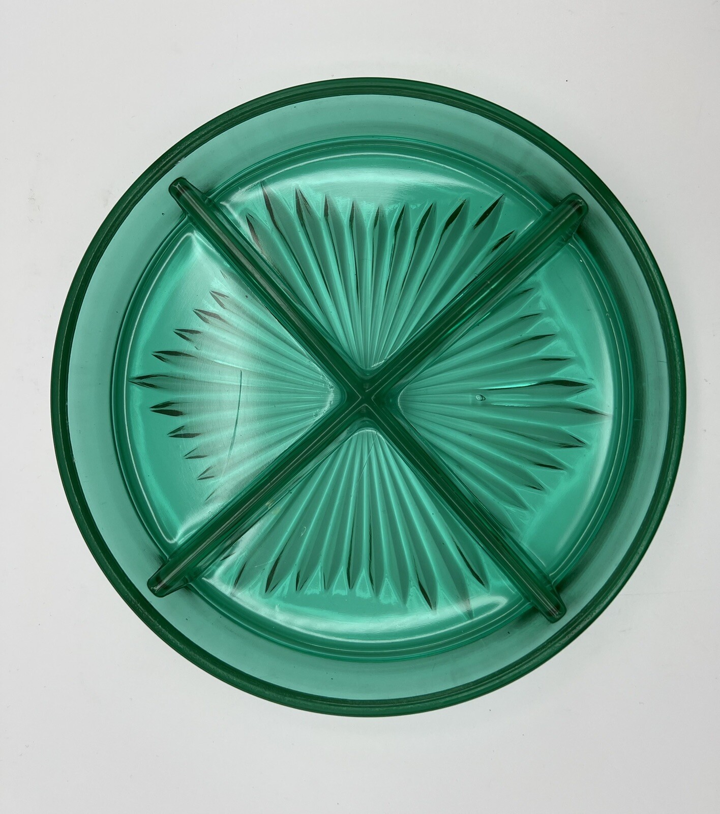 Uranium Glass Emerald Green Divided Relish Nut Dish Metal Silver Basket 8” VNTG