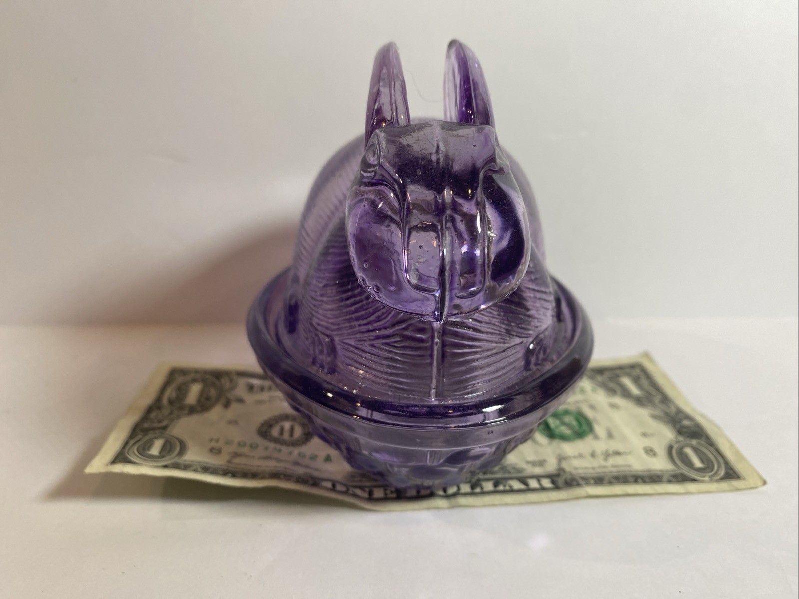 Vintage Lavender Glass Rabbit on Basket Candy Dish w/ Lid Easter Bunny 5”