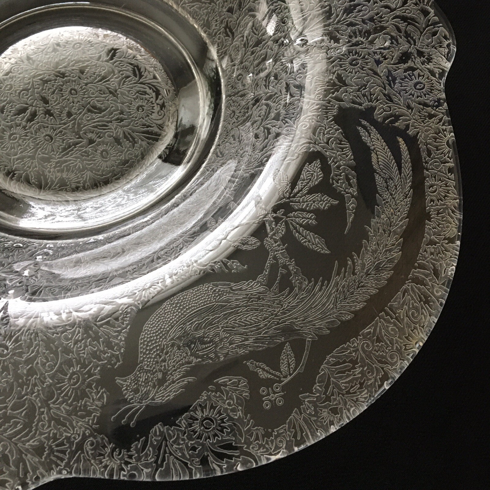 Paden City Glass Sasha Bird Etched Pattern CONSOLE BOWL Clear Vintage 1930s 12”