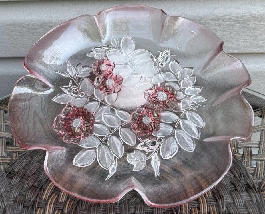 Mikasa Crystal Pink Bella Rosella Serving Platter Frosted Embossed Ruffled Edge