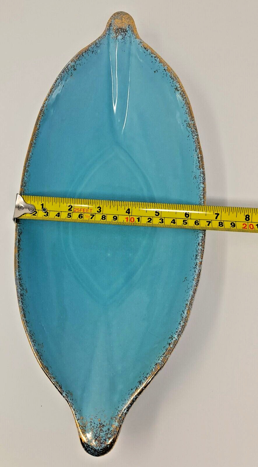 California Pottery Turquoise & Gold 15.5″ Console Bowl Mid-Century Modern USA 45
