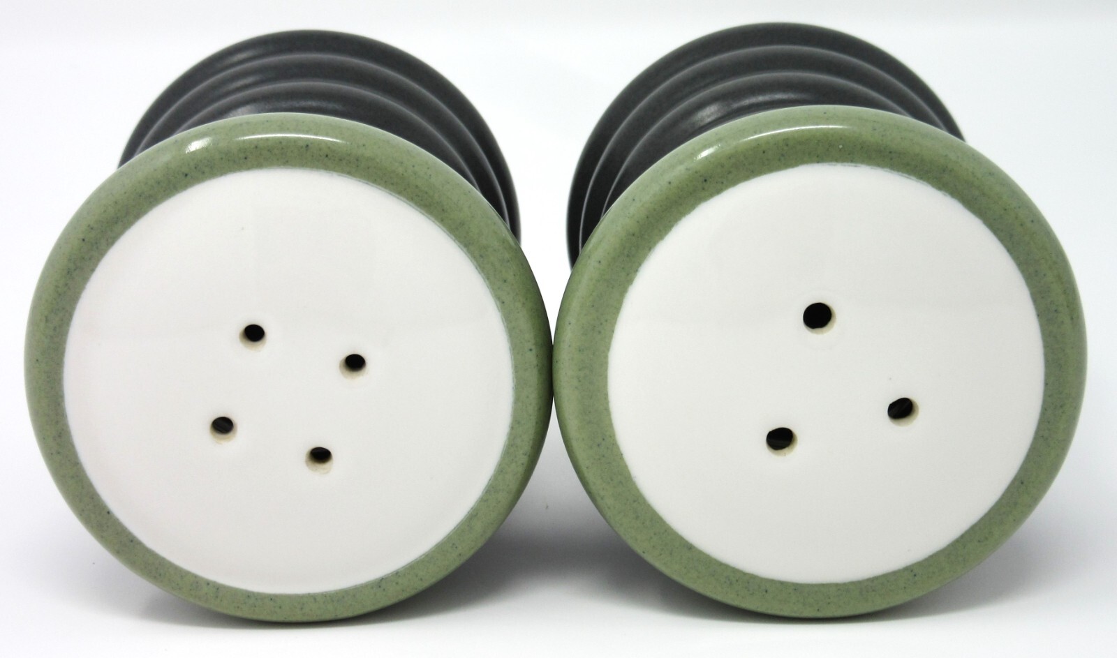 Pfaltzgraff Sphere Salt & Pepper Shaker Set charcoal grey w/ olive green & white