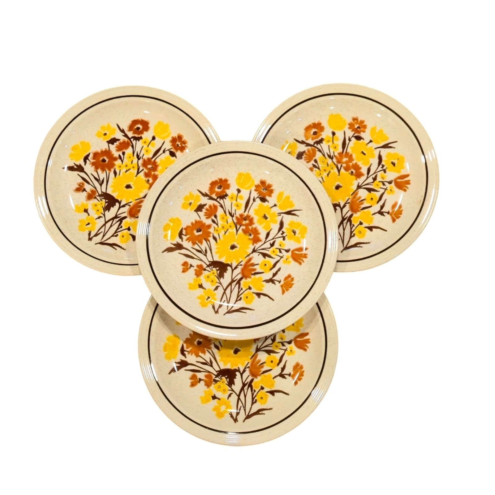 Vintage floral Stoneware dinner plates 1970s Botanical speckled Garden dining 4p