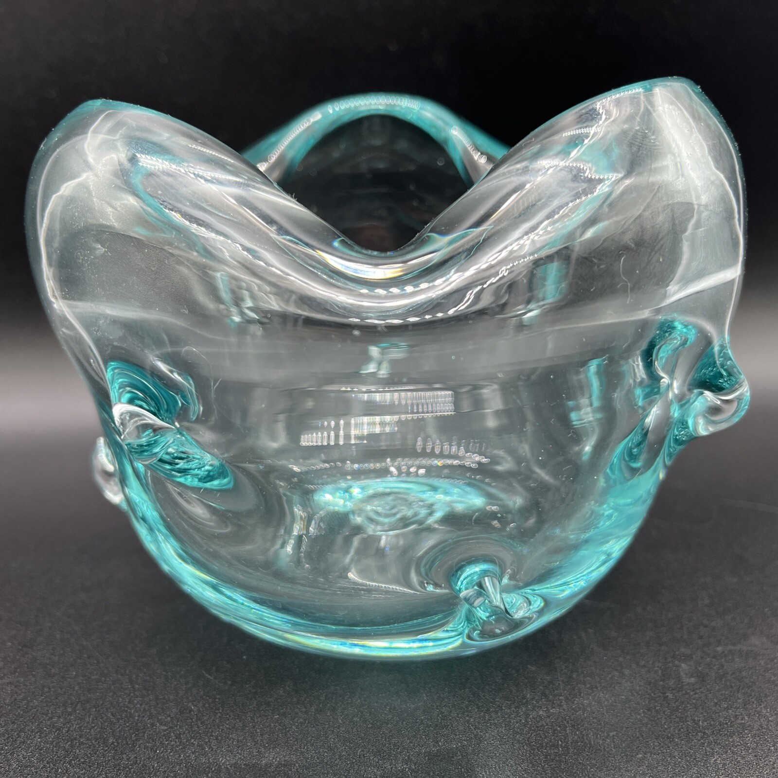 Hand blown Art Glass Bowl Aqua Pinched/Dimpled Sides