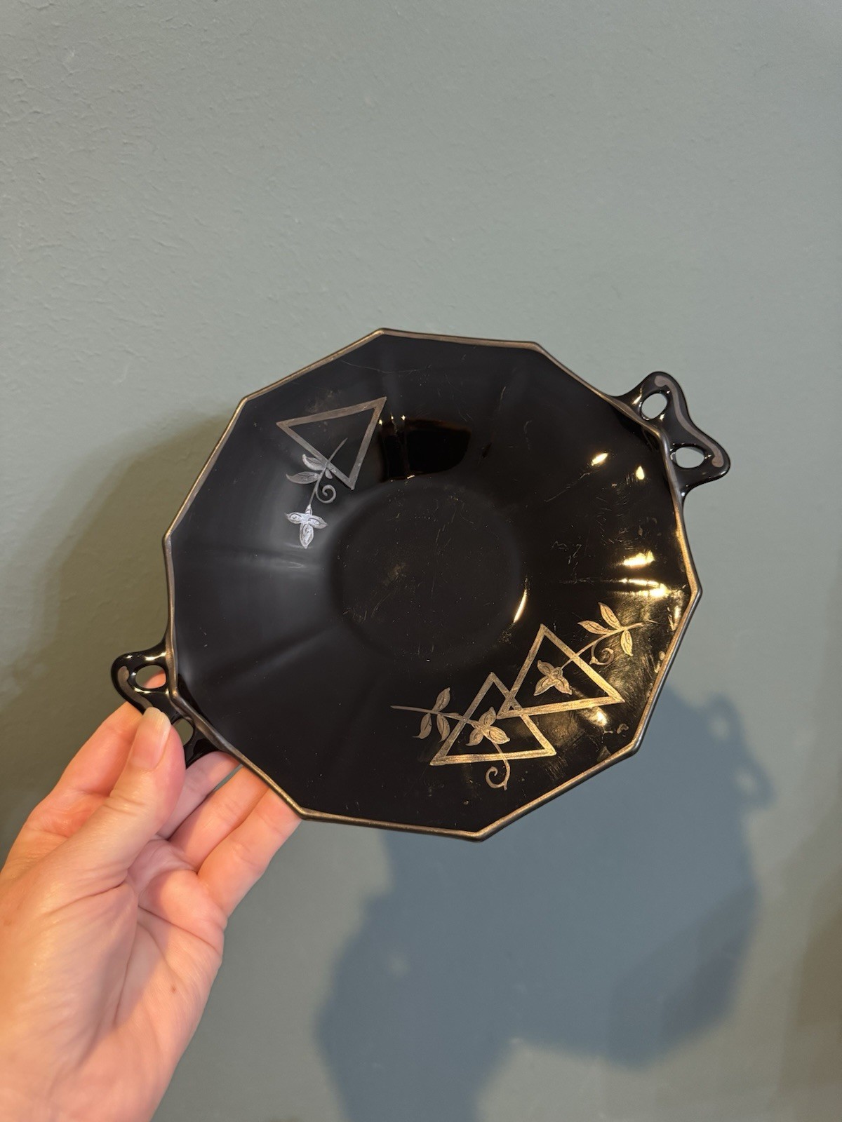 Fostoria Fairfax EBONY Black Glass Lemon Plate Bow Handles Silver Overlay 8.5”