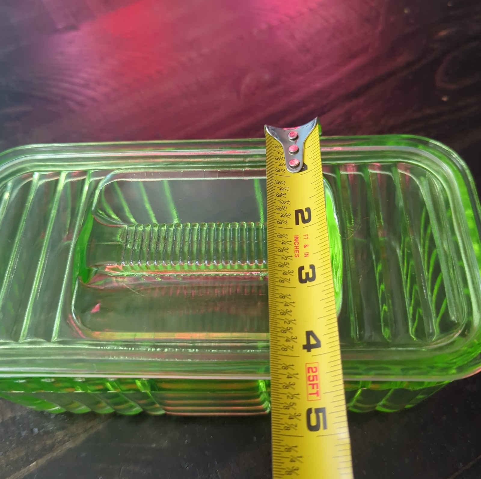 1930s Green Depression Uranium Vaseline Glass Ribbed Frig Dish/Lid 8.5”