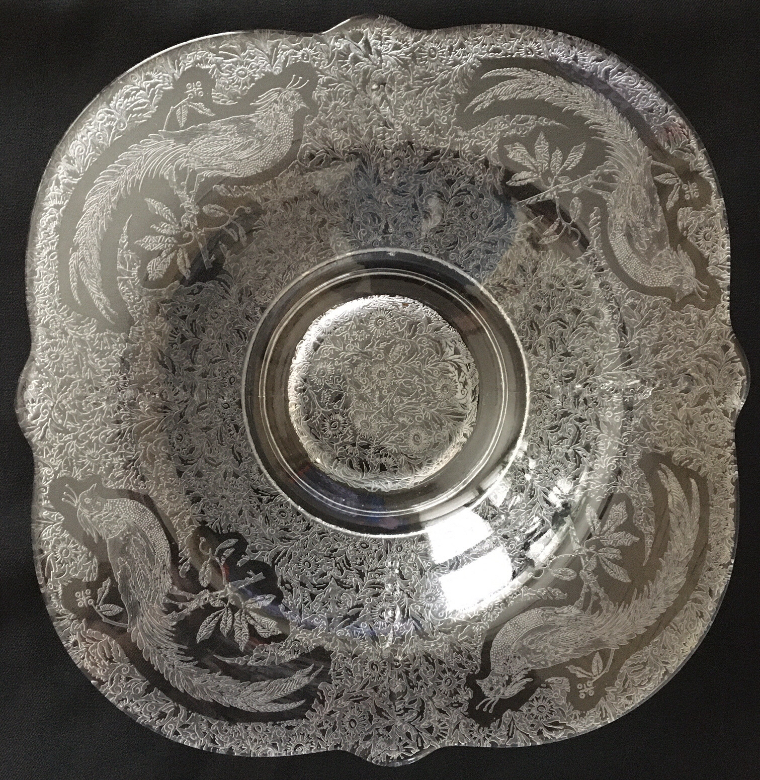 Paden City Glass Sasha Bird Etched Pattern CONSOLE BOWL Clear Vintage 1930s 12”