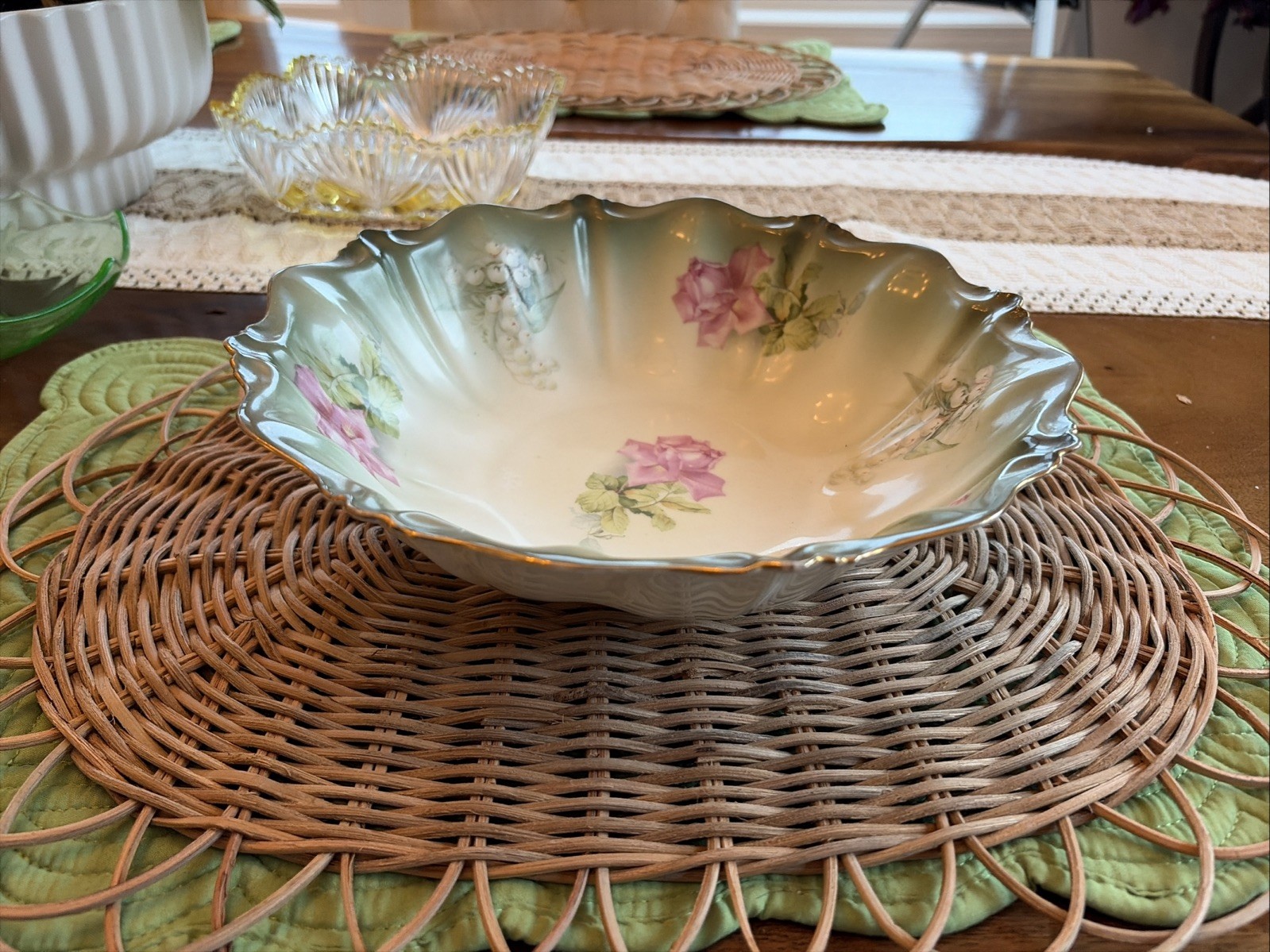 Antique Prussian Porcelain Bowl Roses Pattern Red Mark